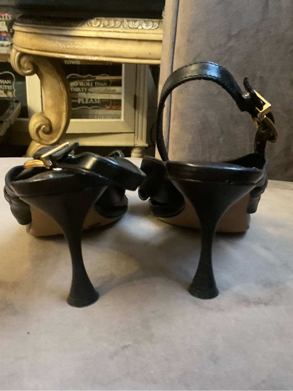 Vince Camuto Black Leather Slingback Heels with Gold Chain Accent - Picture 2 of 5